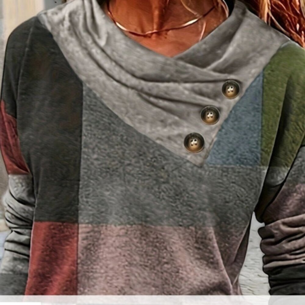 Patchwork Pattern Long Sleeve Casual Top in Sizes S-M-L-XL-XXL